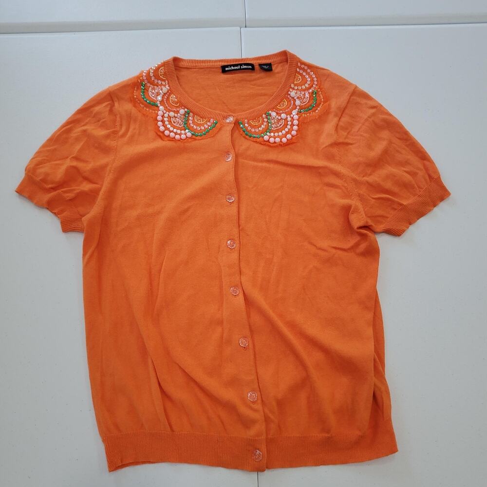 Michael Simon Cardigan Sweater Womens Large Orange Beaded Quirky Art Mod Fun